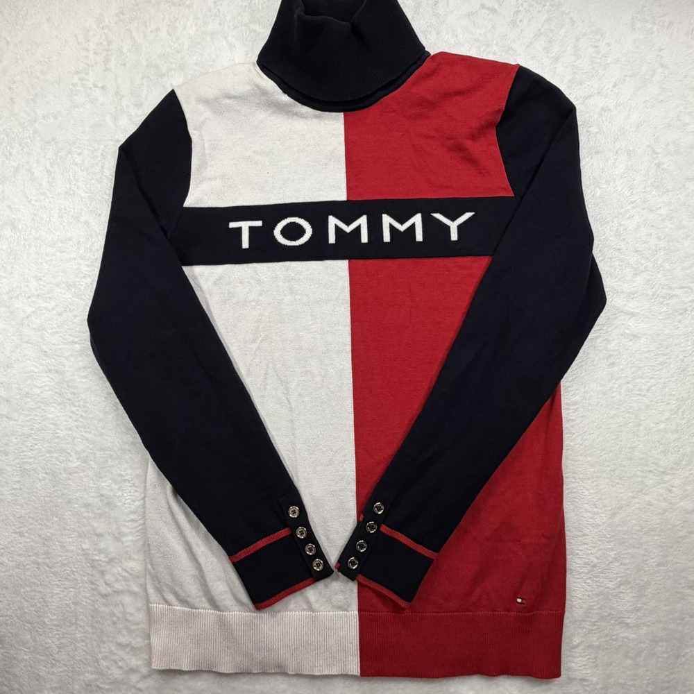 Tommy Hilfiger Women M Colorblock Turtleneck Sweater Navy Red White Logo Button